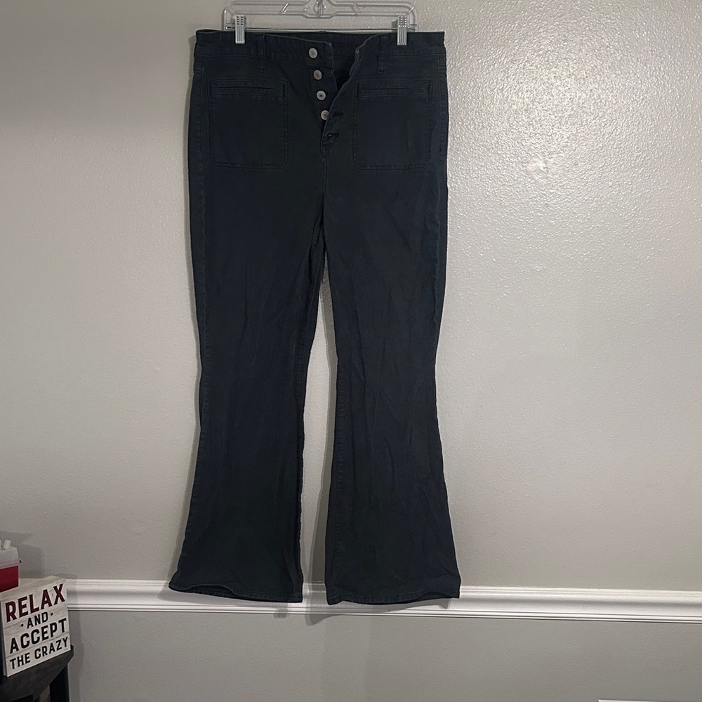 American Eagle Outfitters Black High-Waist Button-Front Flared Corduroy Pants